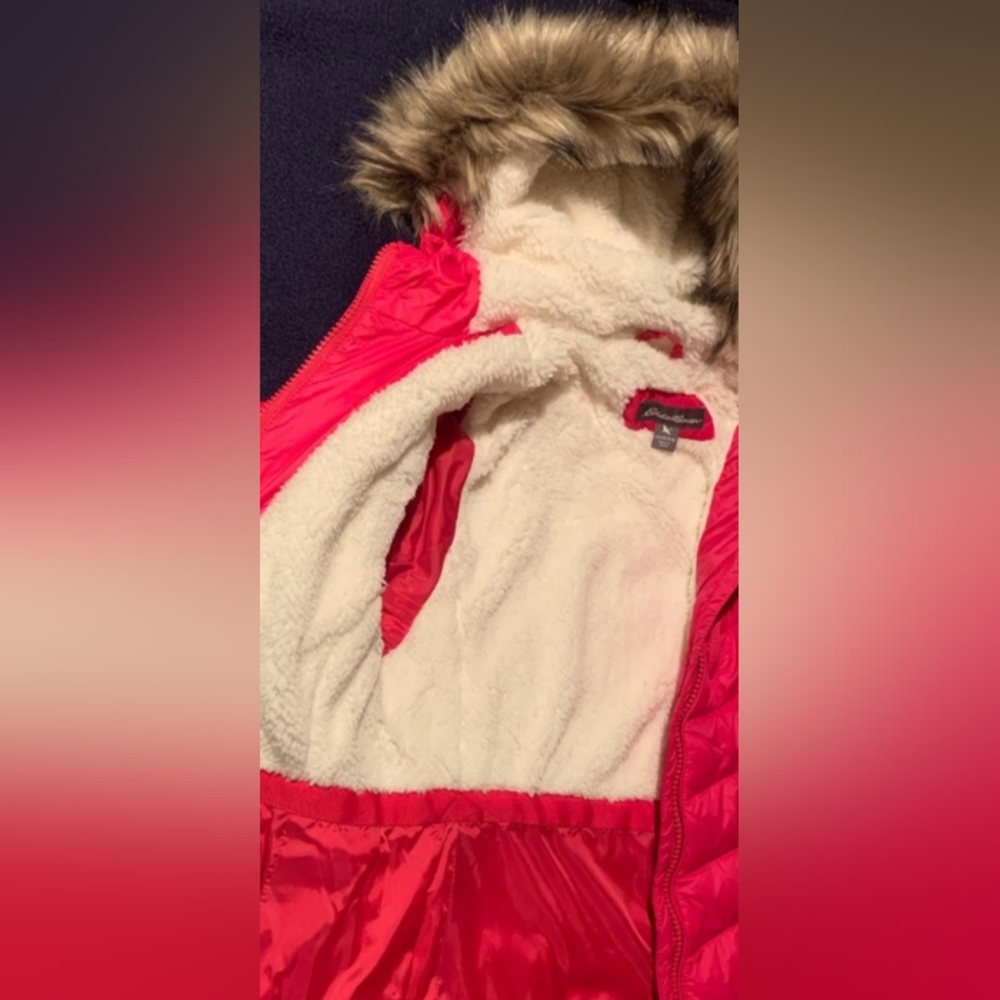 🎄☃️ Eddie Bauer Parka Coat Girl's Sun Valley, Down Jacket Fur Hood Fuchsia ⛄❄️ - Picture 4 of 12